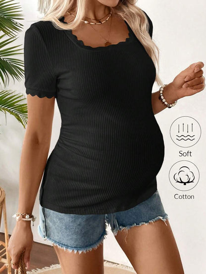 Maternity Square Neck Ribbed Short Sleeve T-Shirt - Slim Fit Cotton Knit Casual Tee with Scallop Trim Details