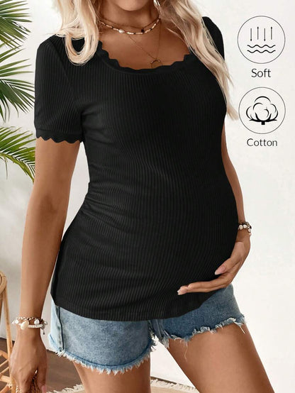 Maternity Square Neck Ribbed Short Sleeve T-Shirt - Slim Fit Cotton Knit Casual Tee with Scallop Trim Details