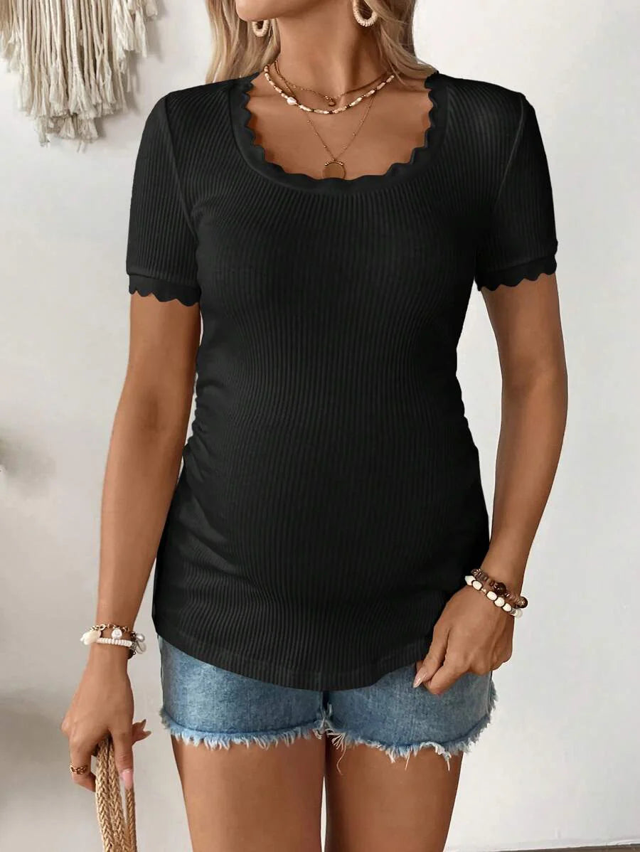 Maternity Square Neck Ribbed Short Sleeve T-Shirt - Slim Fit Cotton Knit Casual Tee with Scallop Trim Details