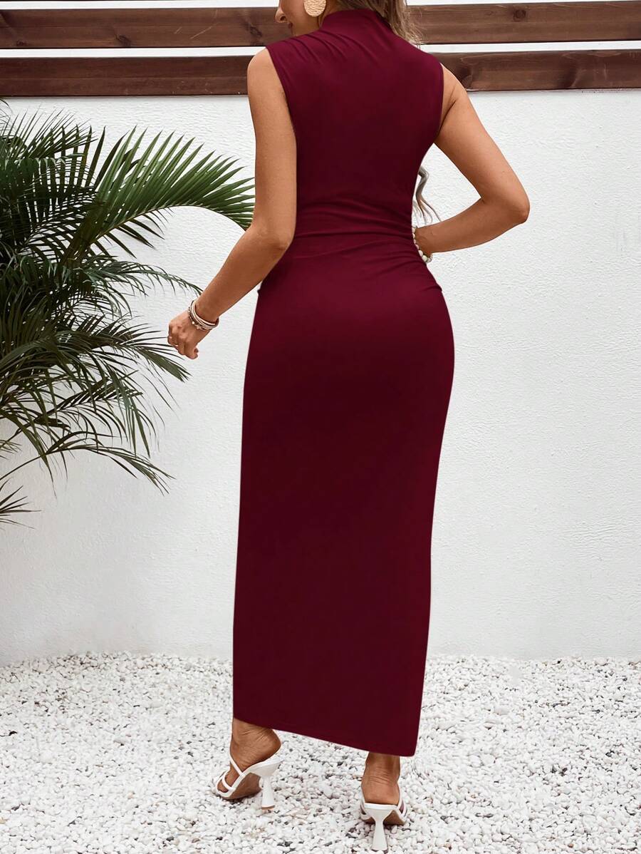 Maternity Casual V-Neck Fitted Long Ruched Tank Dress in Navy Blue - Slim Fit Sleeveless Knitted Beach Maxi for Summer