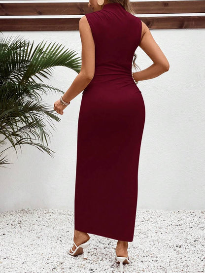 Maternity Casual V-Neck Fitted Long Ruched Tank Dress in Navy Blue - Slim Fit Sleeveless Knitted Beach Maxi for Summer
