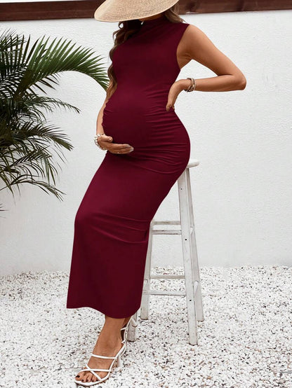 Maternity Casual V-Neck Fitted Long Ruched Tank Dress in Navy Blue - Slim Fit Sleeveless Knitted Beach Maxi for Summer