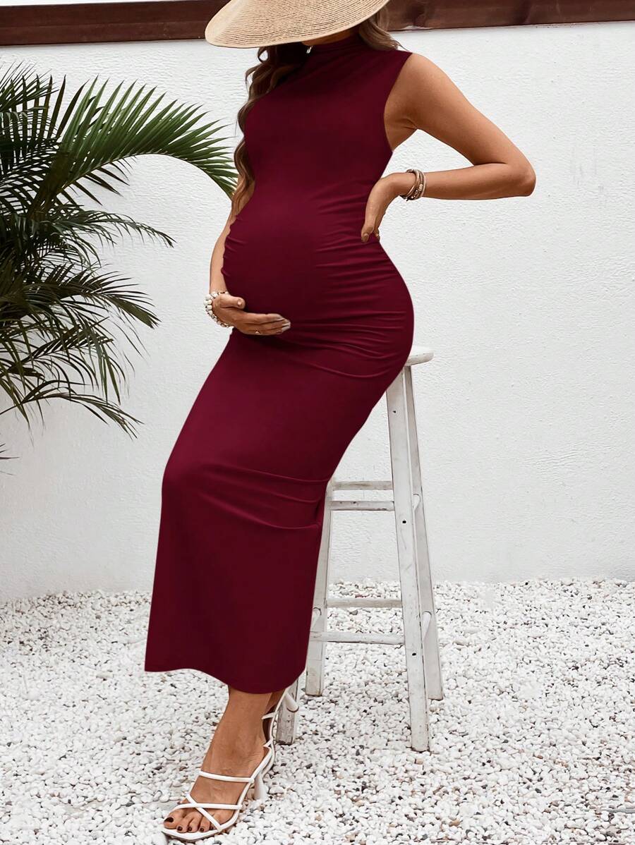 Maternity Casual Slim Fit Stand Collar Long Dress Sleeveless Ruched High Stretch Knitted Pencil Tank Dress for Daily Wear