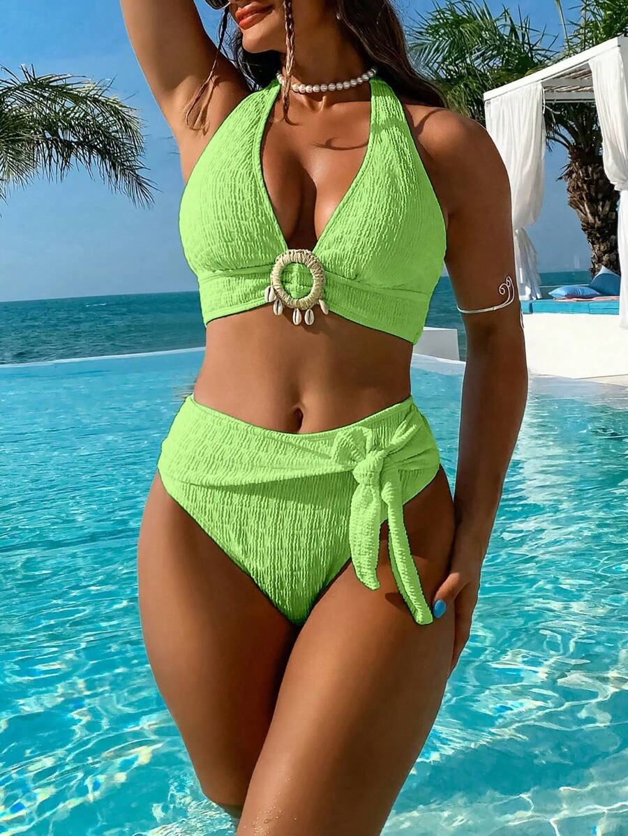 Women's 2-Piece Solid Halter Strap Bikini Set - High Waist, Backless, Apricot