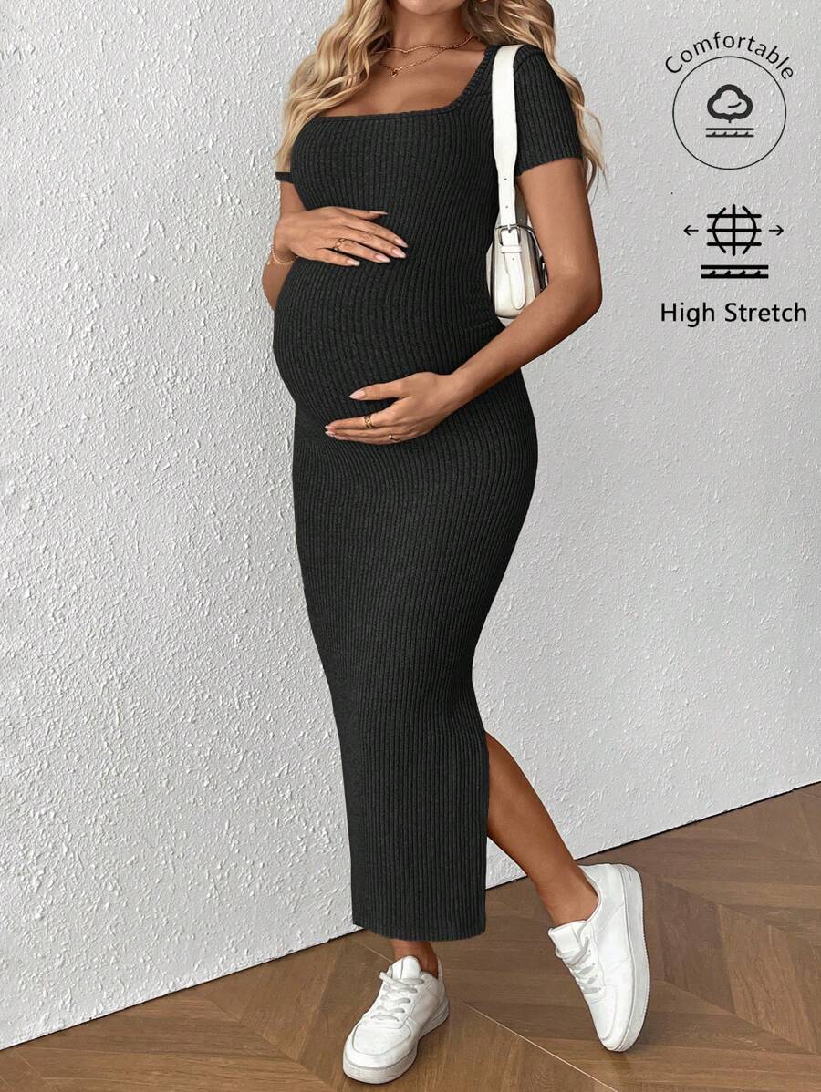 Maternity Square Neck Short Sleeve Midi Bodycon Dress with Side Slit - Sage Green Fitted Pregnancy Outfit - Soft Knit Maternity Wear