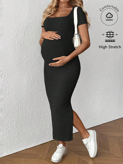 Maternity Square Neck Short Sleeve Midi Bodycon Dress with Side Slit - Sage Green Fitted Pregnancy Outfit - Soft Knit Maternity Wear