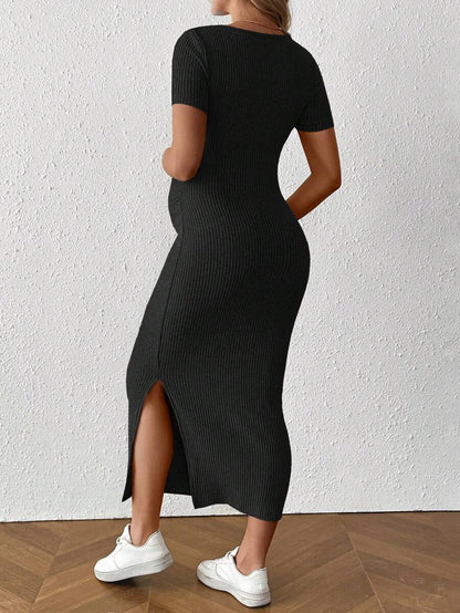 Maternity Square Neck Short Sleeve Midi Bodycon Dress with Side Slit - Sage Green Fitted Pregnancy Outfit - Soft Knit Maternity Wear