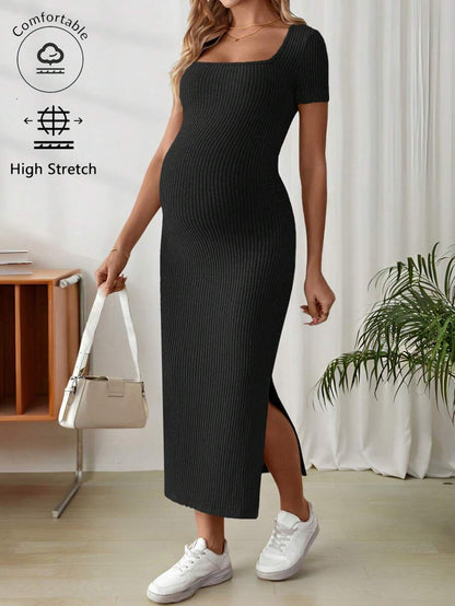 Maternity Square Neck Short Sleeve Midi Bodycon Dress with Side Slit - Sage Green Fitted Pregnancy Outfit - Soft Knit Maternity Wear