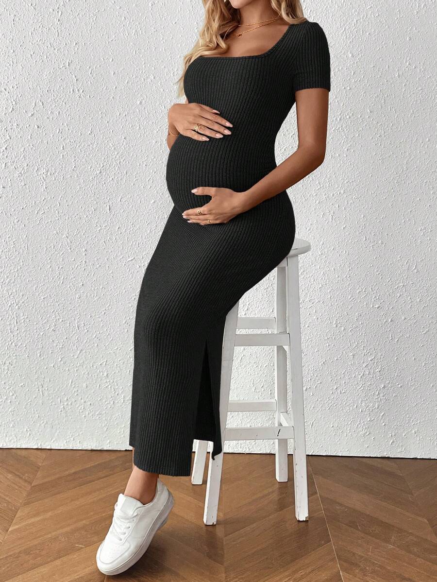 Maternity Square Neck Short Sleeve Midi Bodycon Dress with Side Slit - Sage Green Fitted Pregnancy Outfit - Soft Knit Maternity Wear
