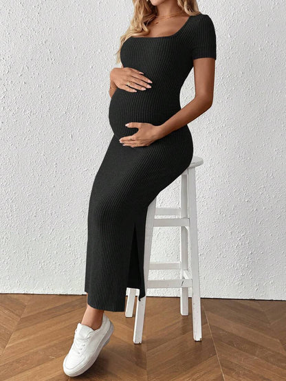 Maternity Square Neck Short Sleeve Midi Bodycon Dress with Side Slit - Sage Green Fitted Pregnancy Outfit - Soft Knit Maternity Wear