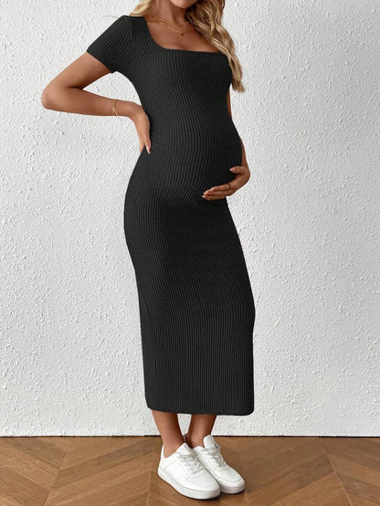 Maternity Square Neck Short Sleeve Midi Bodycon Dress with Side Slit - Sage Green Fitted Pregnancy Outfit - Soft Knit Maternity Wear