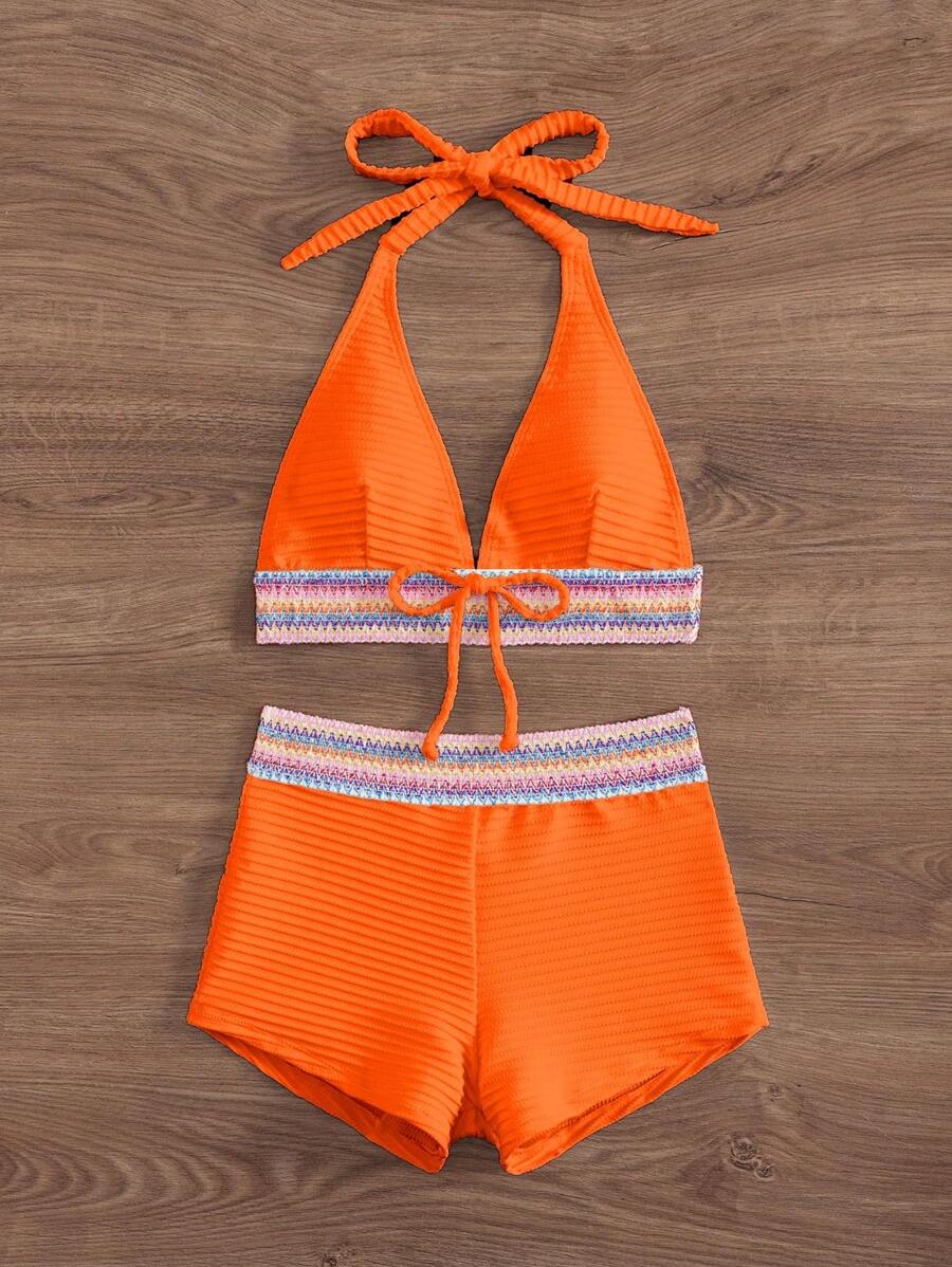Women's 2-Piece Lace-Up Bikini Set - Twist Halter, Tie Back, High Waist Shorts, Mint Green