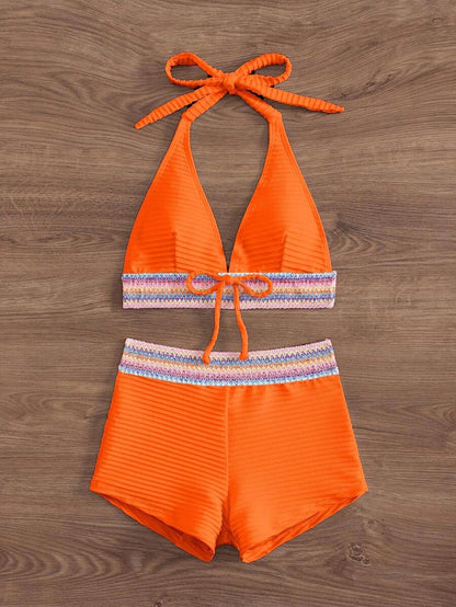 Women's 2-Piece Lace-Up Bikini Set - Twist Halter, Tie Back, High Waist Shorts, Mint Green