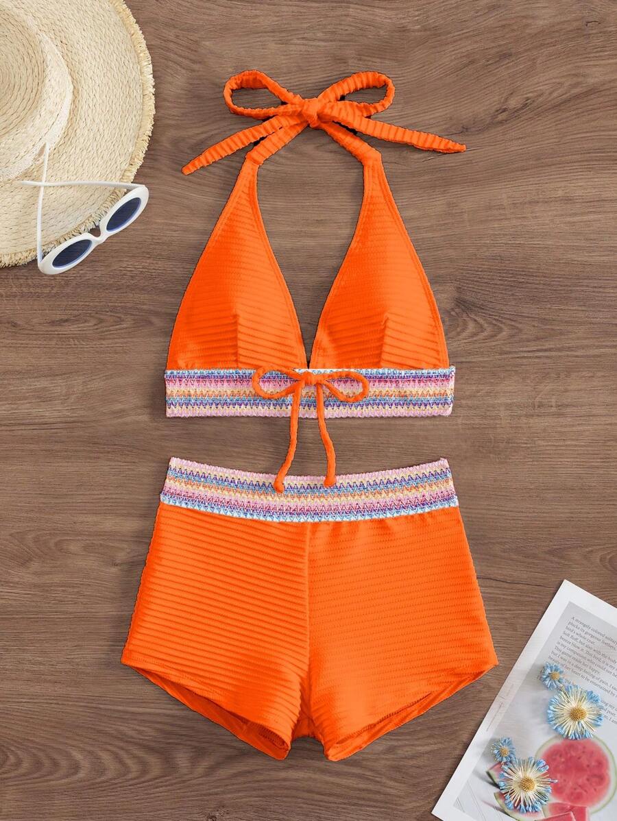 Women's 2-Piece Lace-Up Bikini Set - Twist Halter, Tie Back, High Waist Shorts, Mint Green