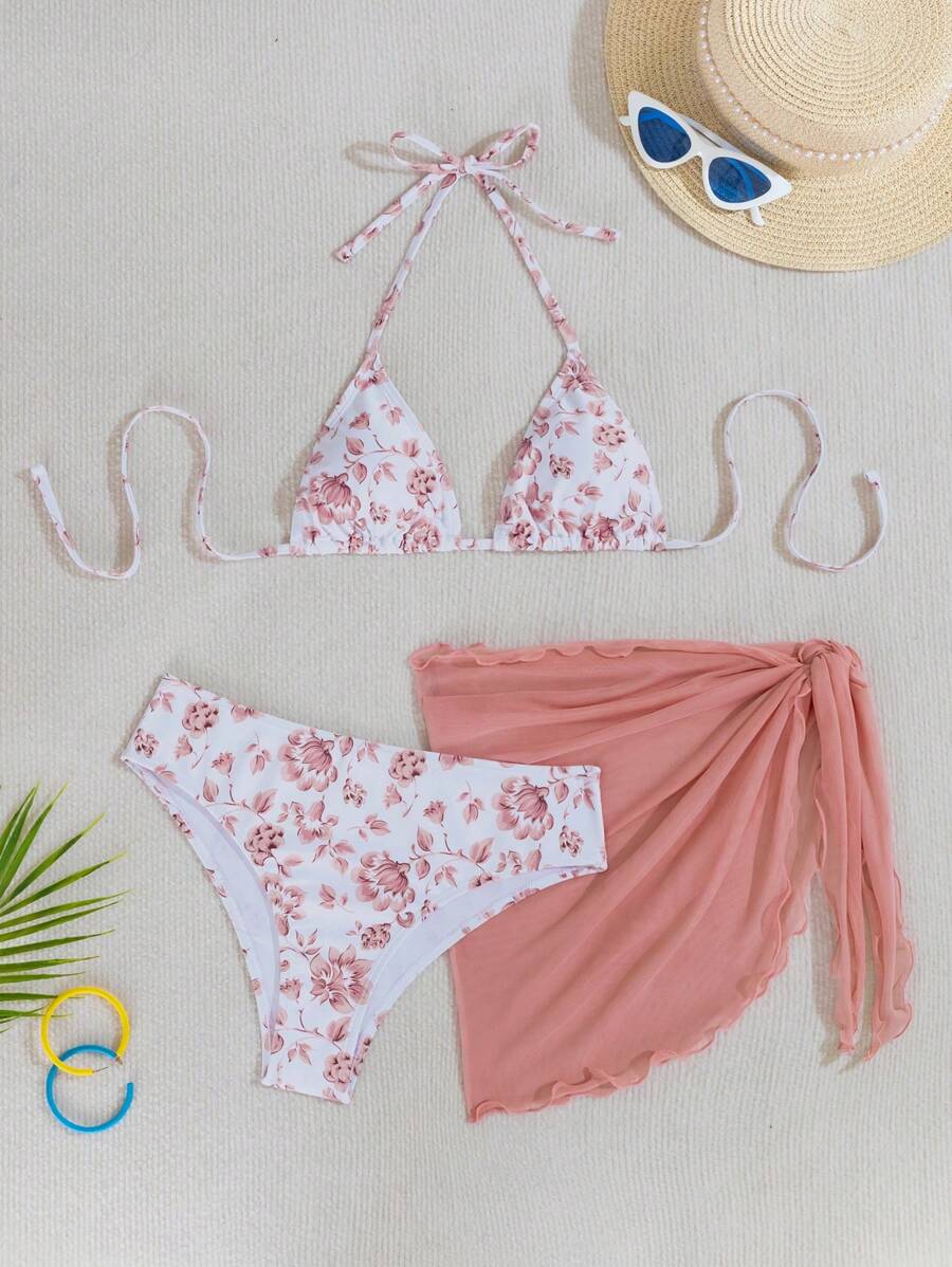 Women's 3-Piece Shell Print Bikini Set - V-Neck Halter, Triangle, Side Tie Skirt, Multicolor
