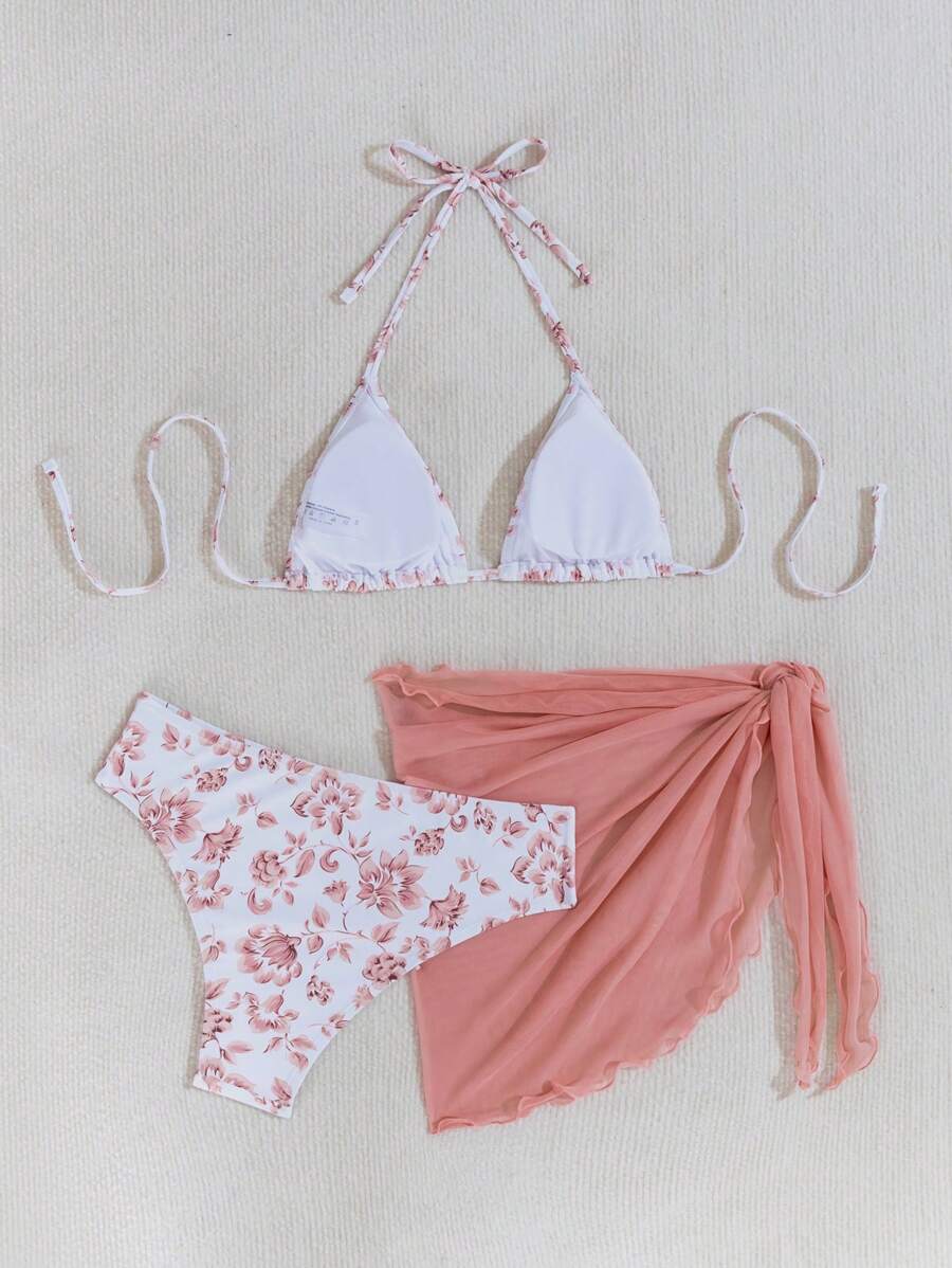 Women's 3-Piece Shell Print Bikini Set - V-Neck Halter, Triangle, Side Tie Skirt, Multicolor