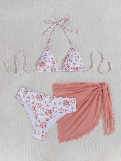 Women's 3-Piece Shell Print Bikini Set - V-Neck Halter, Triangle, Side Tie Skirt, Multicolor