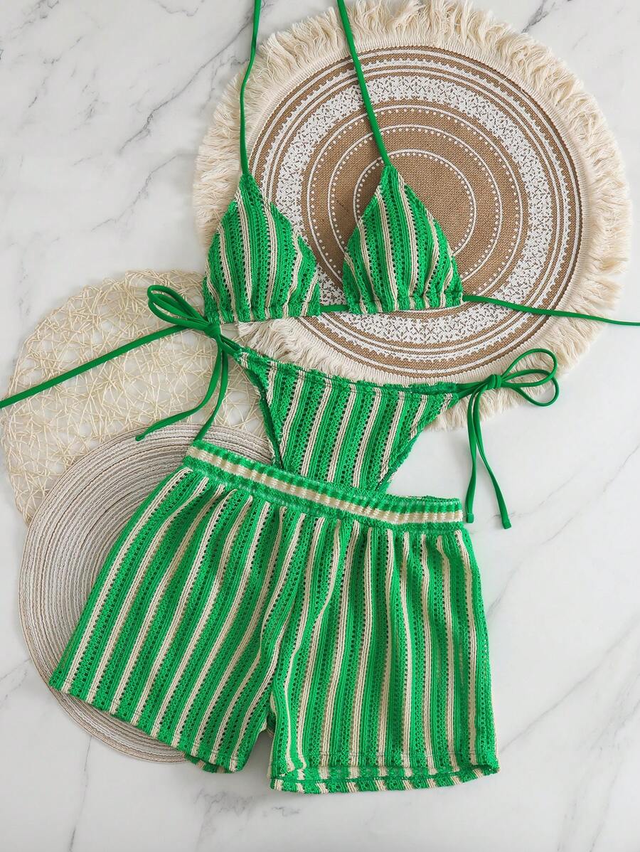 Women's 3-Piece Boho Crochet Bikini Set - Drawstring Cover-Up, Halter, Shorts, Royal Blue