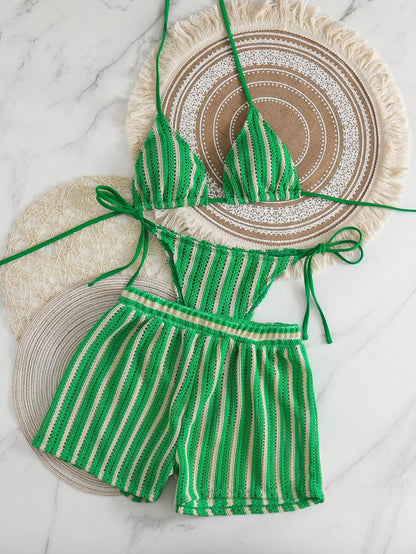Women's 3-Piece Boho Crochet Bikini Set - Drawstring Cover-Up, Halter, Shorts, Royal Blue