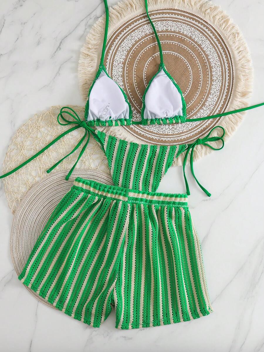 Women's 3-Piece Boho Crochet Bikini Set - Drawstring Cover-Up, Halter, Shorts, Royal Blue