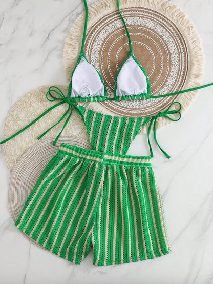 Women's 3-Piece Boho Crochet Bikini Set - Drawstring Cover-Up, Halter, Shorts, Royal Blue