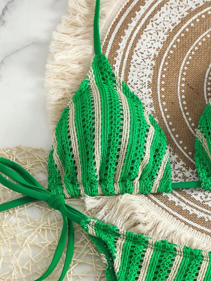 Women's 3-Piece Boho Crochet Bikini Set - Drawstring Cover-Up, Halter, Shorts, Royal Blue