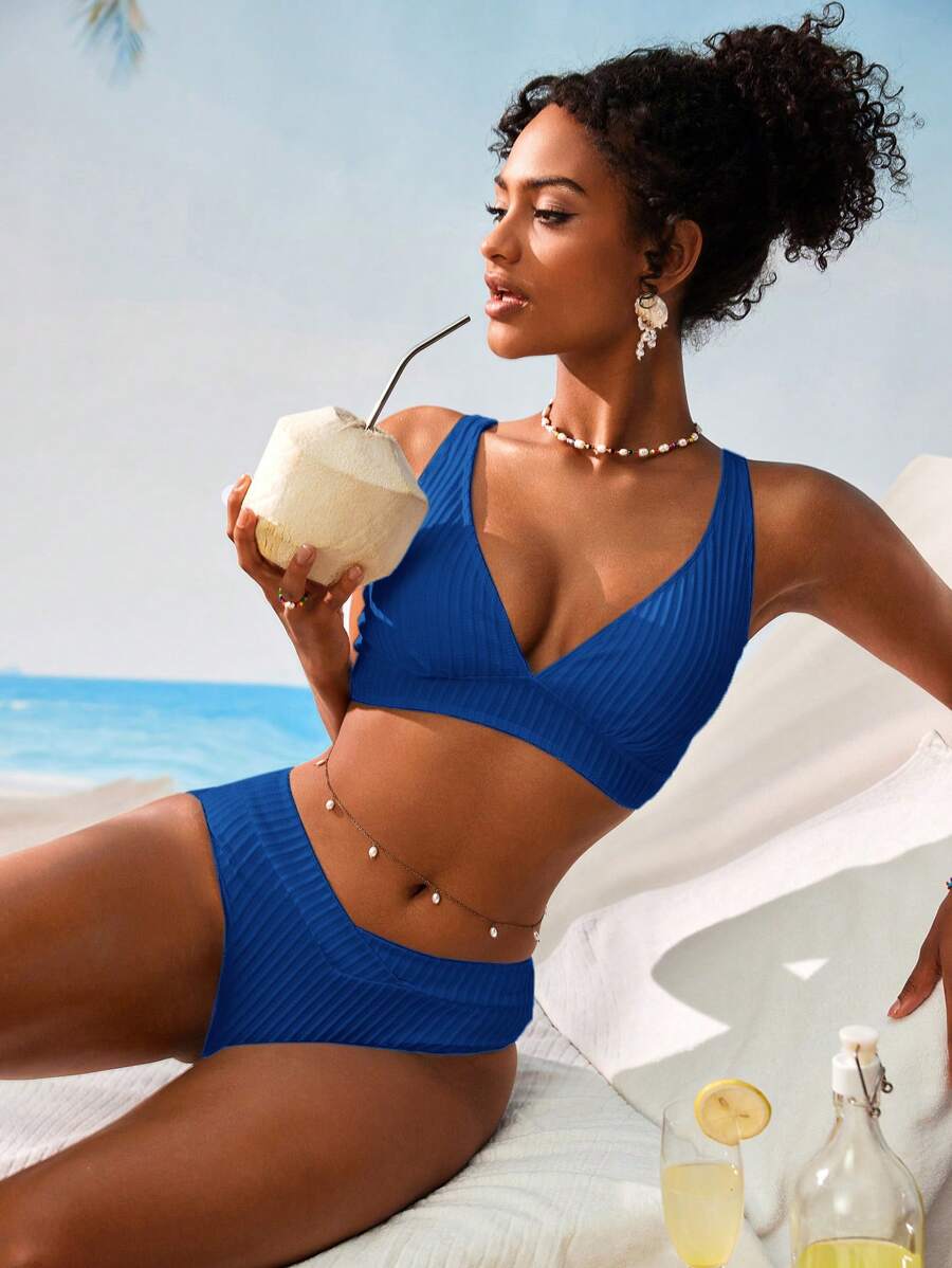 Women's V-Neck Textured Tankini Set - Ruched, Spaghetti Strap, High Waist, Multicolor