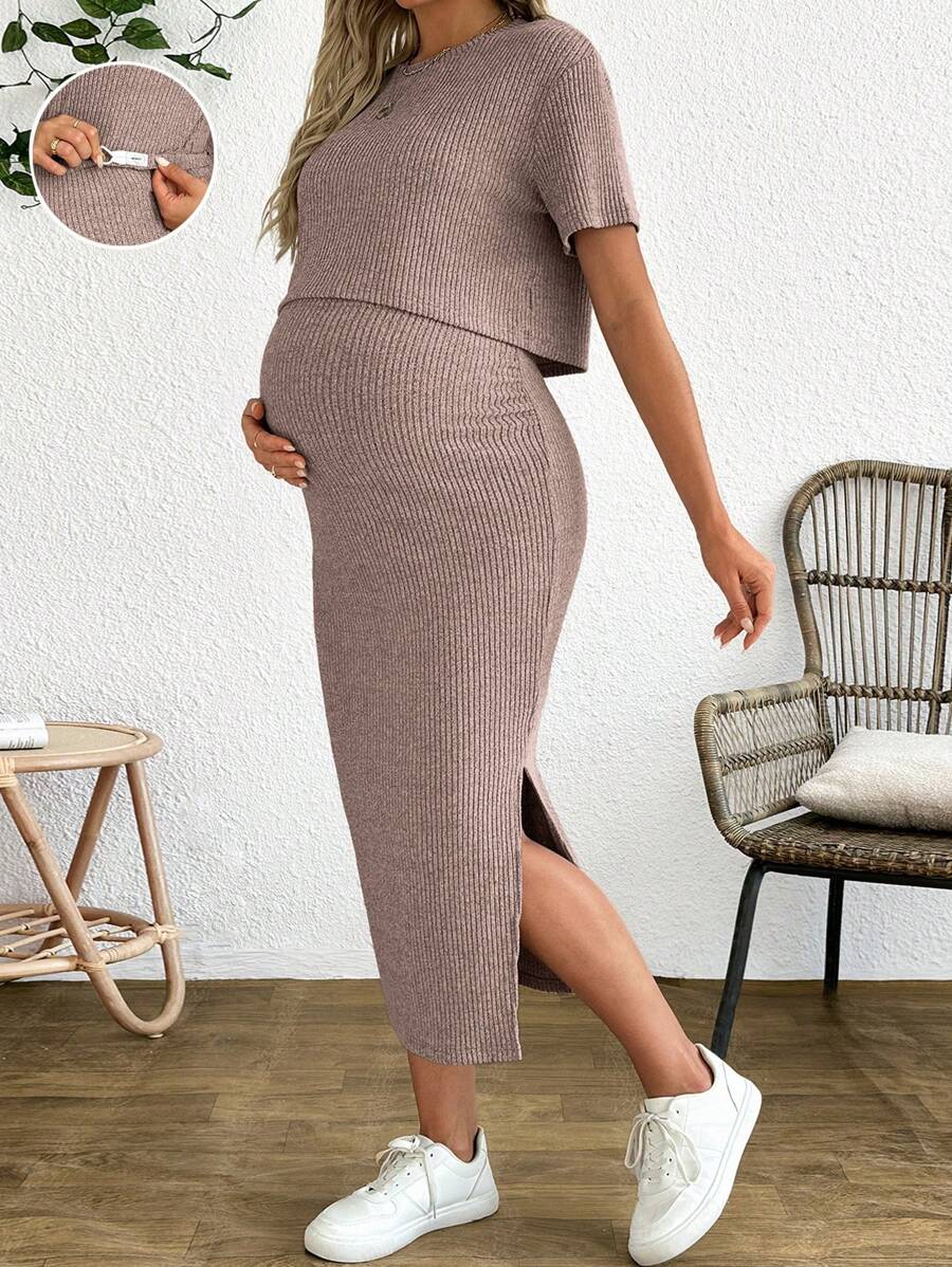 Maternity 2 Piece Set - Solid Color Short Sleeve Top and Skirt Summer Casual, Pregnancy Loungewear