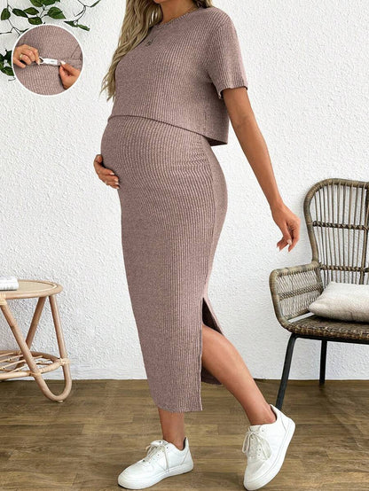 Maternity 2 Piece Set - Solid Color Short Sleeve Top and Skirt Summer Casual, Pregnancy Loungewear