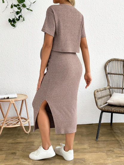 Maternity 2 Piece Set - Solid Color Short Sleeve Top and Skirt Summer Casual, Pregnancy Loungewear