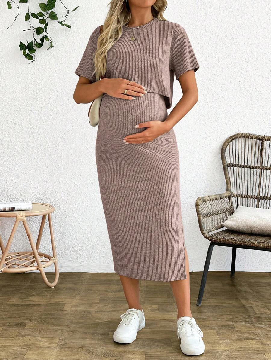 Maternity 2 Piece Set - Solid Color Short Sleeve Top and Skirt Summer Casual, Pregnancy Loungewear