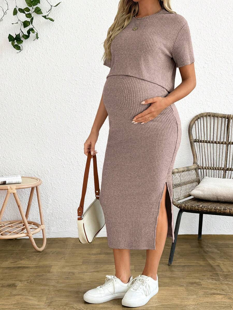 Maternity 2-Piece Set - Round Neck Crop Tee & Split Long Skirt, Apricot