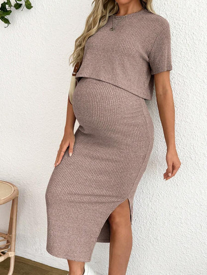 Maternity 2 Piece Set - Solid Color Short Sleeve Top and Skirt Summer Casual, Pregnancy Loungewear