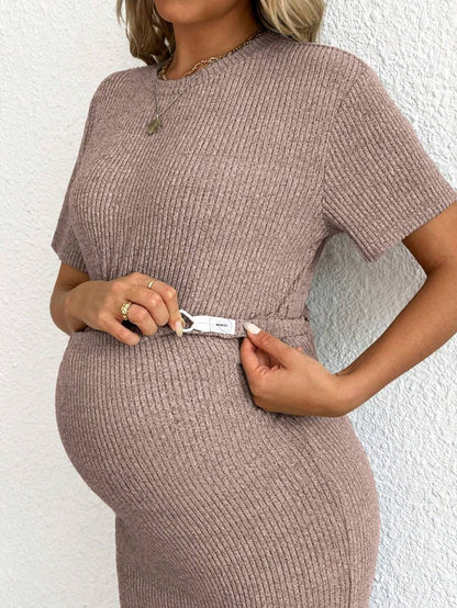 Maternity 2-Piece Set - Round Neck Crop Tee & Split Long Skirt, Apricot