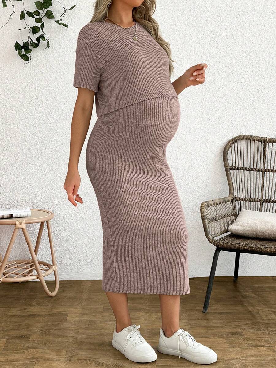 Maternity 2-Piece Set - Round Neck Crop Tee & Split Long Skirt, Apricot