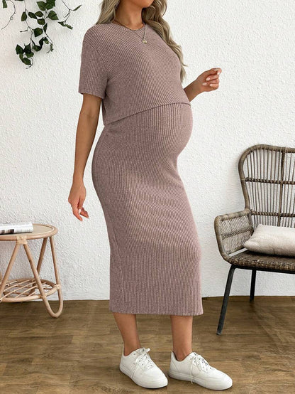 Maternity 2-Piece Set - Round Neck Crop Tee & Split Long Skirt, Apricot