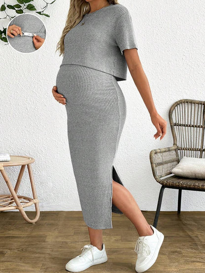 Maternity 2 Piece Set - Solid Color Short Sleeve Top and Skirt Summer Casual, Pregnancy Loungewear