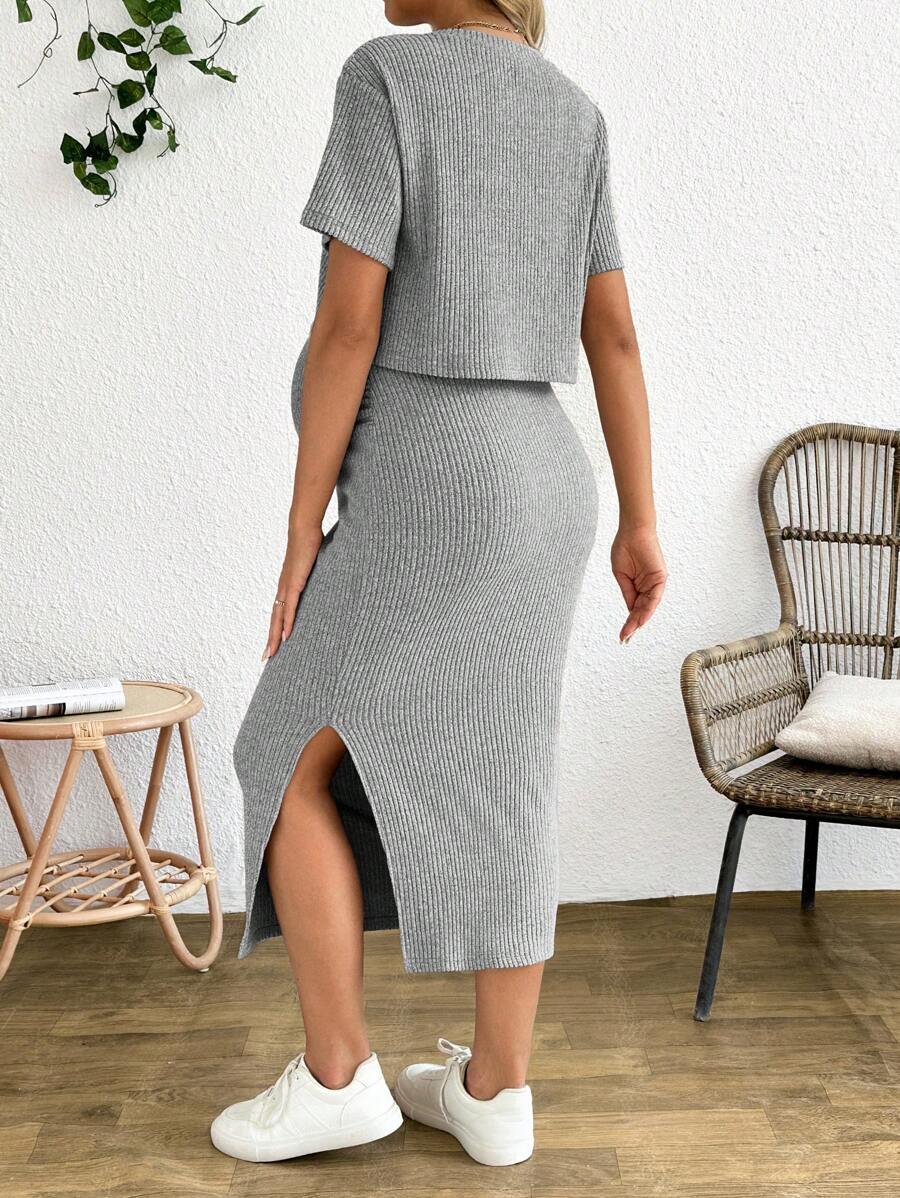 Maternity 2 Piece Set - Solid Color Short Sleeve Top and Skirt Summer Casual, Pregnancy Loungewear