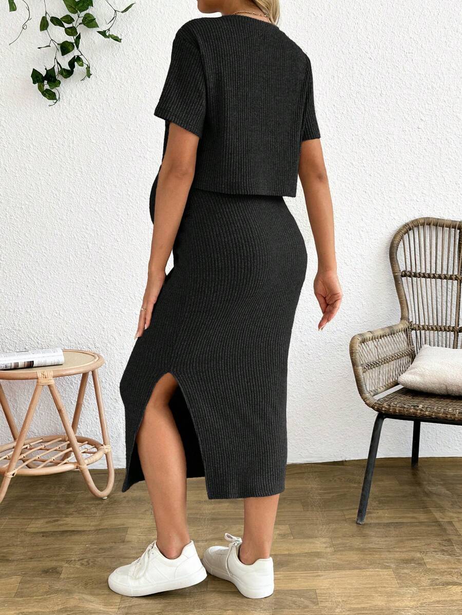 Maternity 2 Piece Set - Solid Color Short Sleeve Top and Skirt Summer Casual, Pregnancy Loungewear