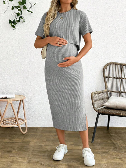 Maternity 2 Piece Set - Solid Color Short Sleeve Top and Skirt Summer Casual, Pregnancy Loungewear