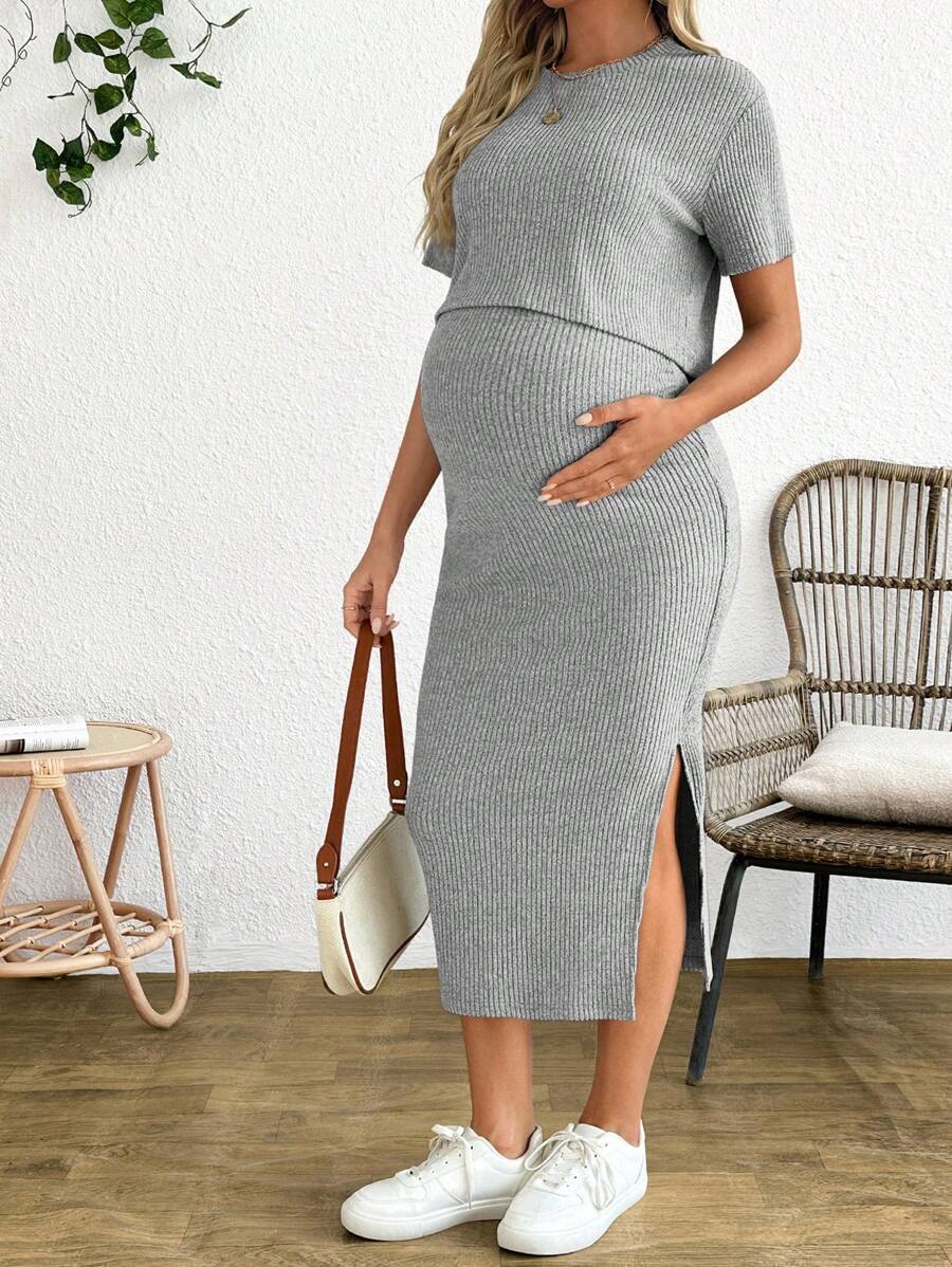 Maternity 2-Piece Set - Round Neck Crop Tee & Split Long Skirt, Apricot