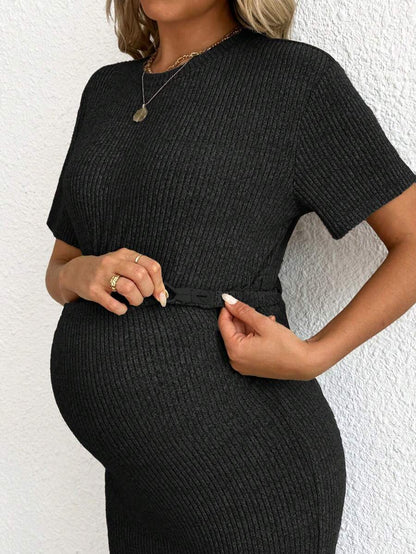 Maternity 2-Piece Set - Round Neck Crop Tee & Split Long Skirt, Apricot