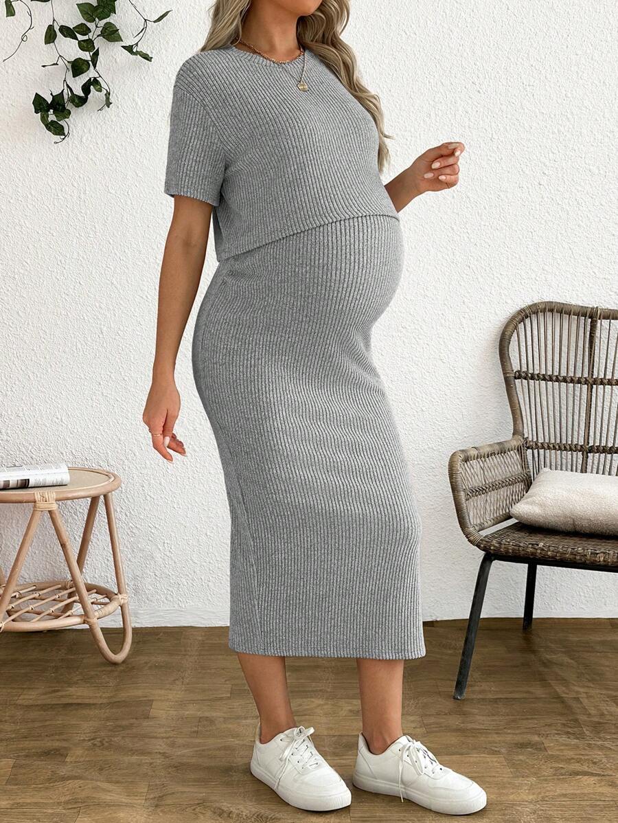 Maternity 2-Piece Set - Round Neck Crop Tee & Split Long Skirt, Apricot