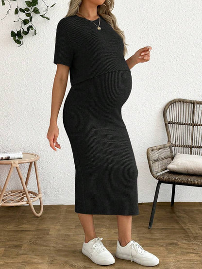 Maternity 2 Piece Set - Solid Color Short Sleeve Top and Skirt Summer Casual, Pregnancy Loungewear
