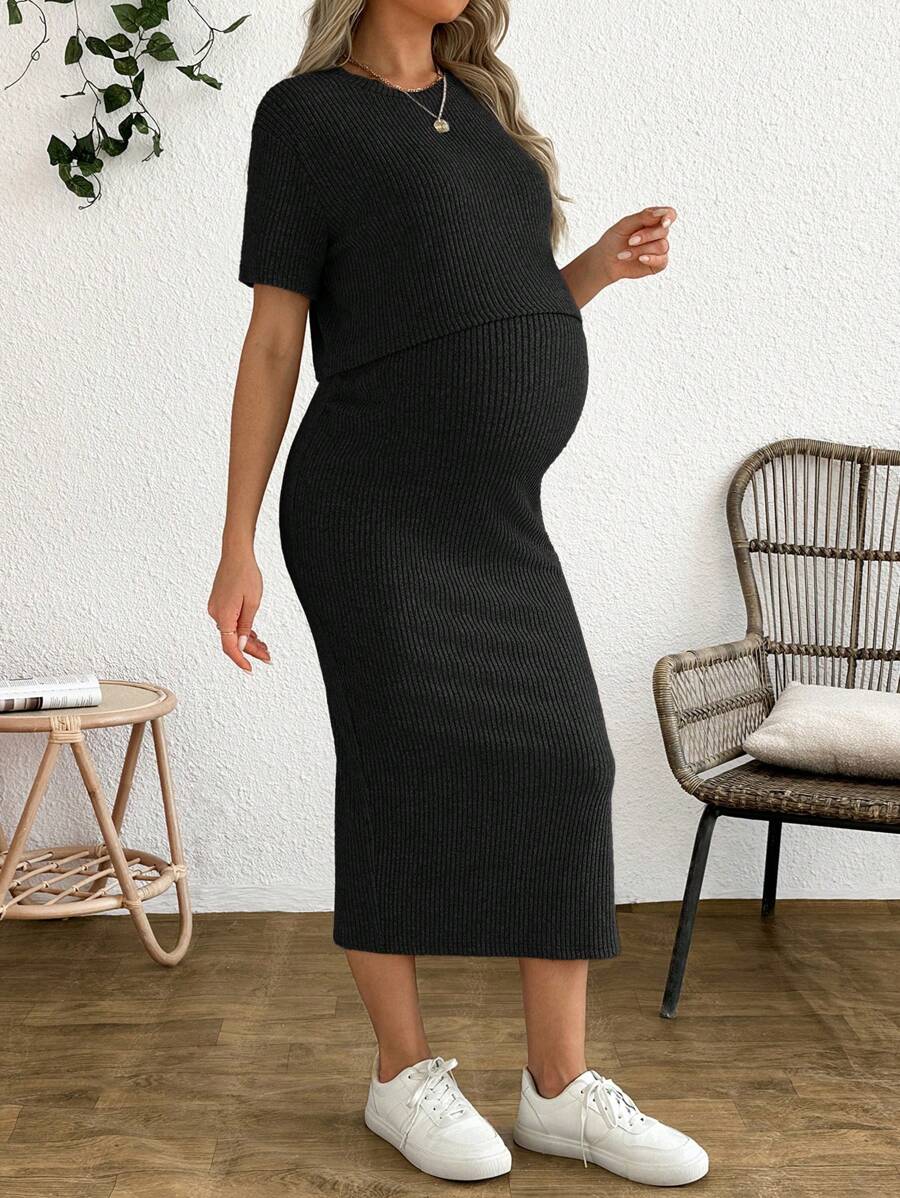 Maternity 2-Piece Set - Round Neck Crop Tee & Split Long Skirt, Apricot
