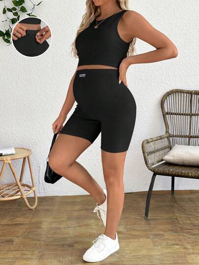 2-Piece Maternity Racerback Cami and Letter Print Shorts Set - Slim Fit Rib-Knit Athletic Streetwear Set