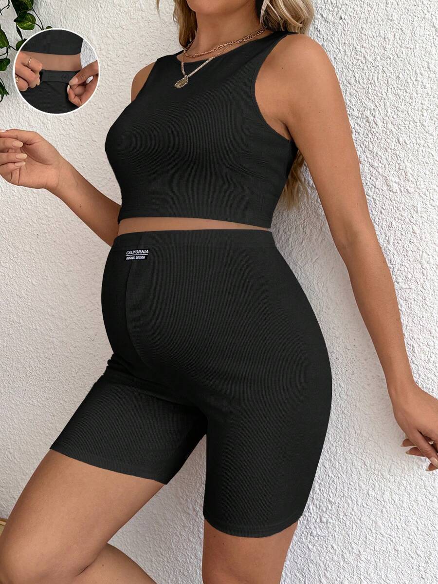 2-Piece Maternity Racerback Cami and Letter Print Shorts Set - Slim Fit Rib-Knit Athletic Streetwear Set