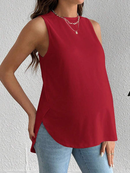 Dusty Pink Maternity Tank Top - Sleeveless Round Neck High Stretch Knitted Summer Top for Casual Travel