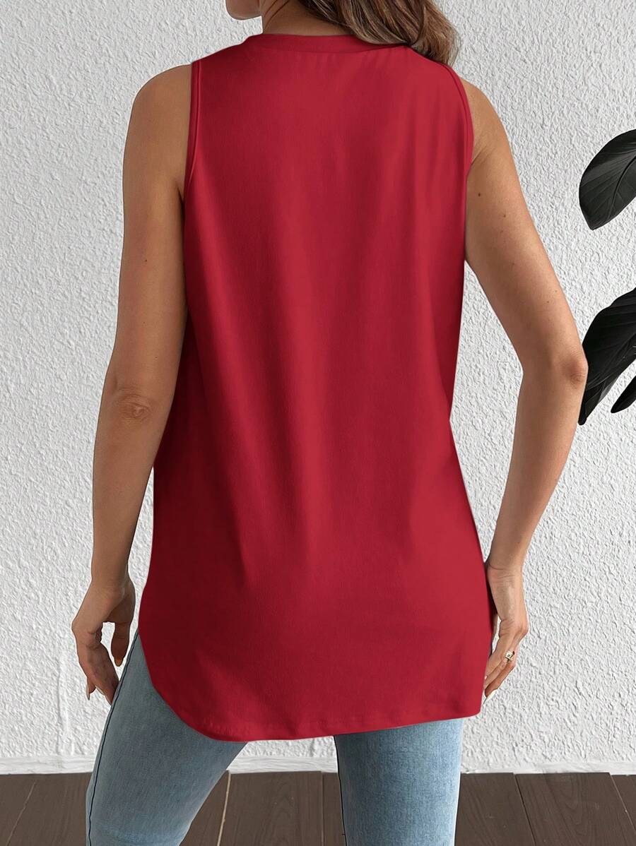 Maternity Round Neck High Stretch Tank Top - White Casual Loose Fit Asymmetrical Hem Travel Top