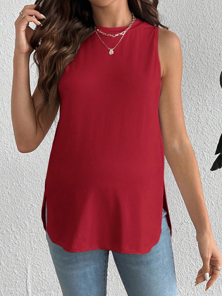 Dusty Pink Maternity Tank Top - Sleeveless Round Neck High Stretch Knitted Summer Top for Casual Travel